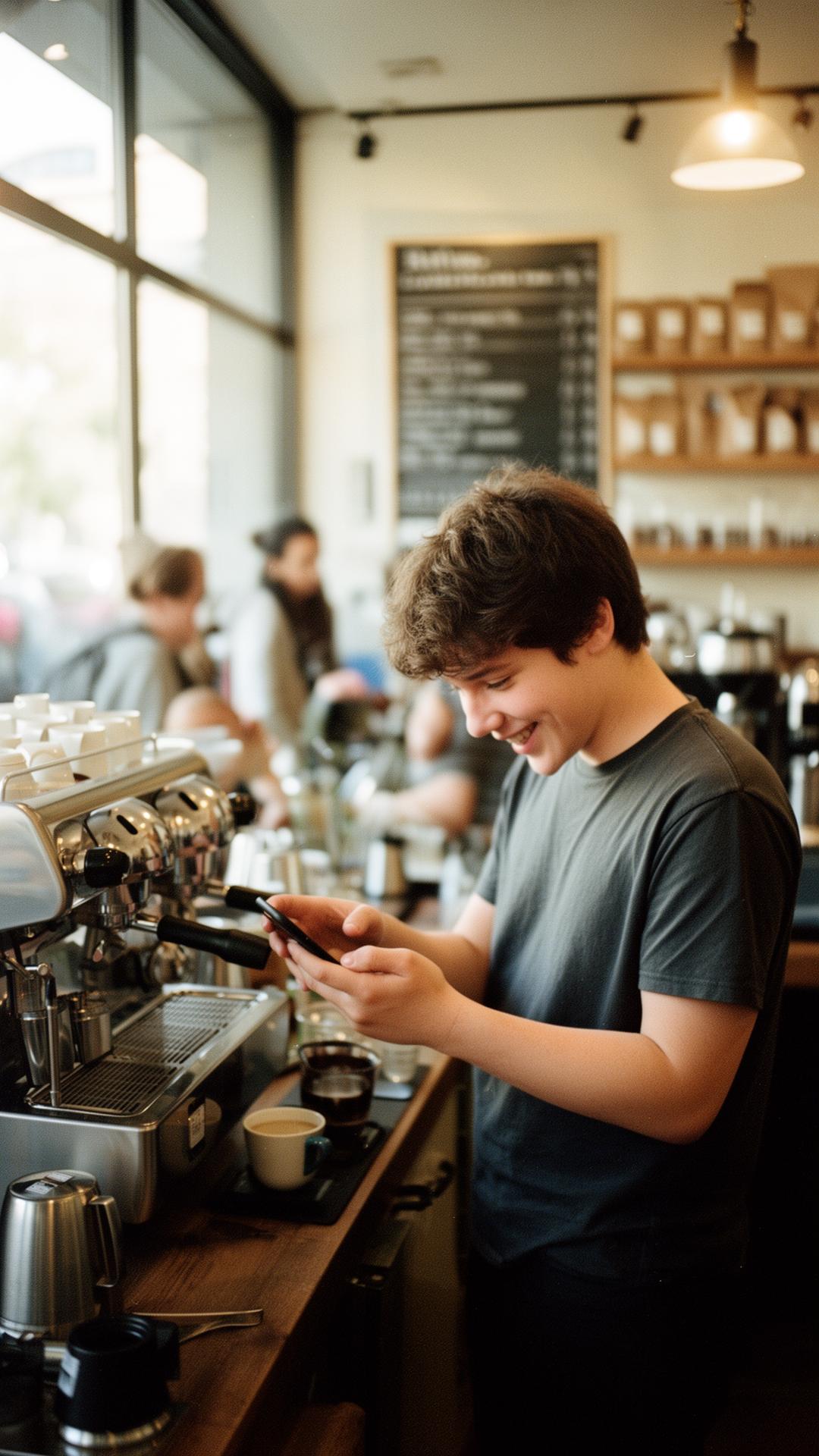 Barista checking her shifts on Crew during a busy morning