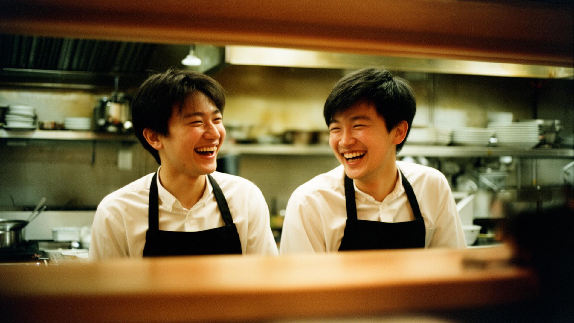 Two restaurant crew members laughing behind the kitchen pass