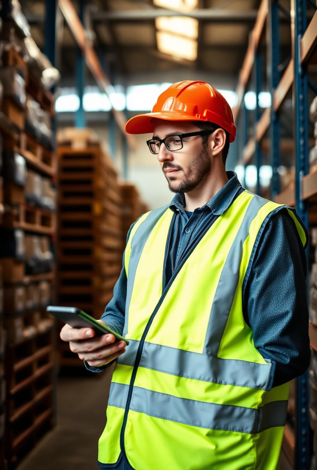 Warehouse picker checking his shifts on Crew between pallets